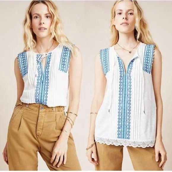 By Anthropologie Sigrid Sleeveless White Cotton Top w Blue Embroidery Size XS - Picture 2 of 9